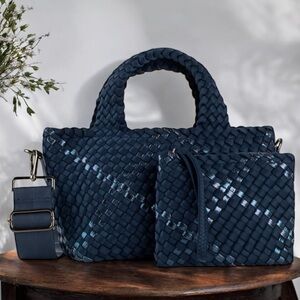 NWT HAUTE SHORE Navy Mark Woven Tote and Pouch Set